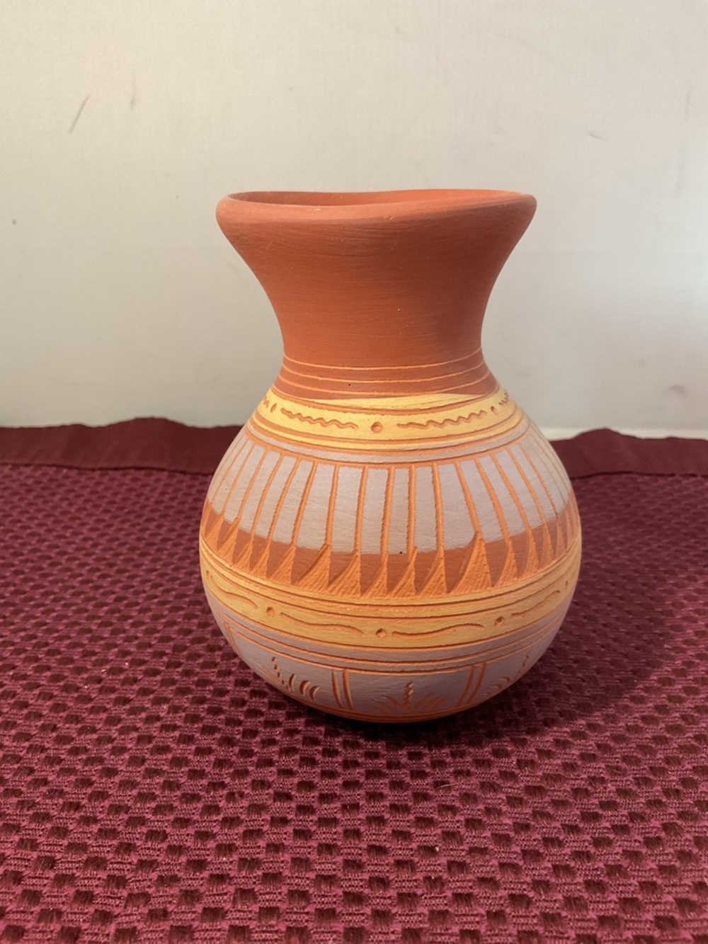 Handpainted Terracotta Vase in Orange and Cream Accents Vintage Navajo signed